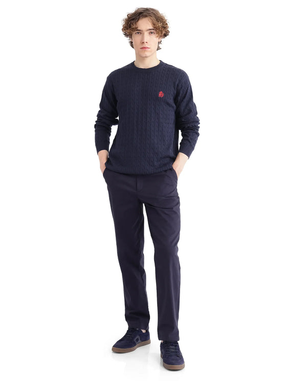 Rare Rabbit Men's Prota Navy Full Sleeve Ribbed Crew Neck Collar Embroidered Logo Regular Fit Ribbed Sweater