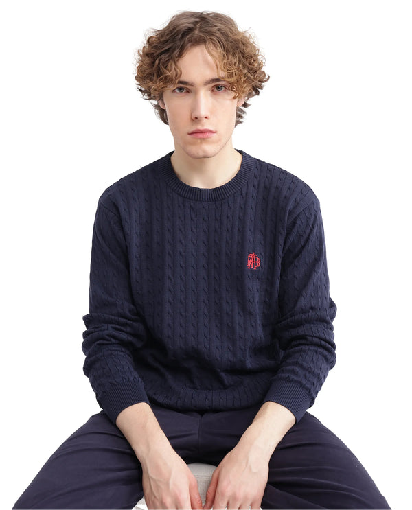 Rare Rabbit Men's Prota Navy Full Sleeve Ribbed Crew Neck Collar Embroidered Logo Regular Fit Ribbed Sweater