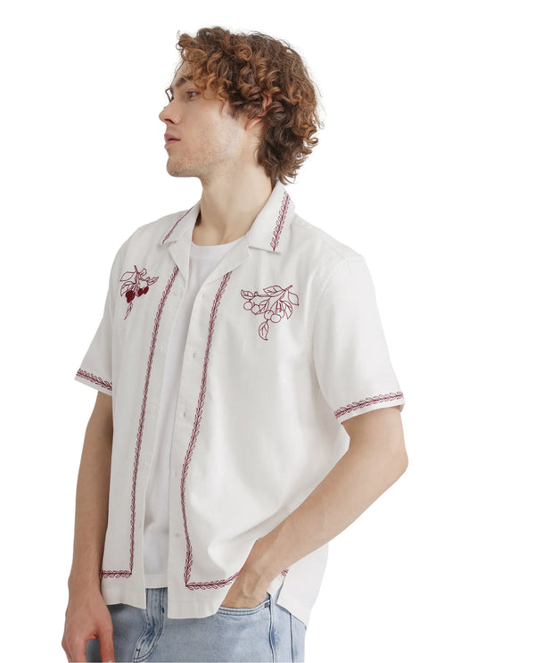 Rare Rabbit Men Prunus Off White Cotton Fabric Boxy Fit Plain Shirt