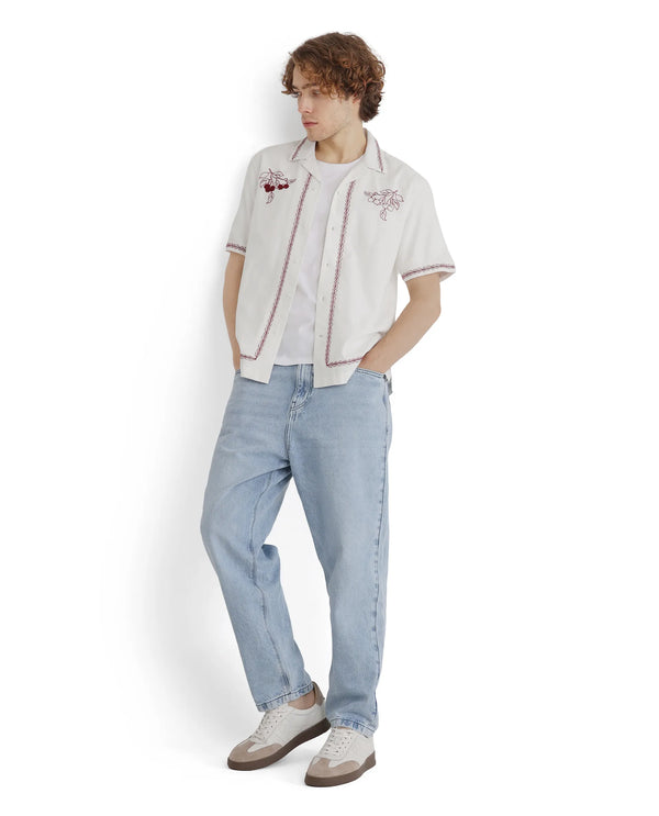 Rare Rabbit Men Prunus Off White Cotton Fabric Boxy Fit Plain Shirt