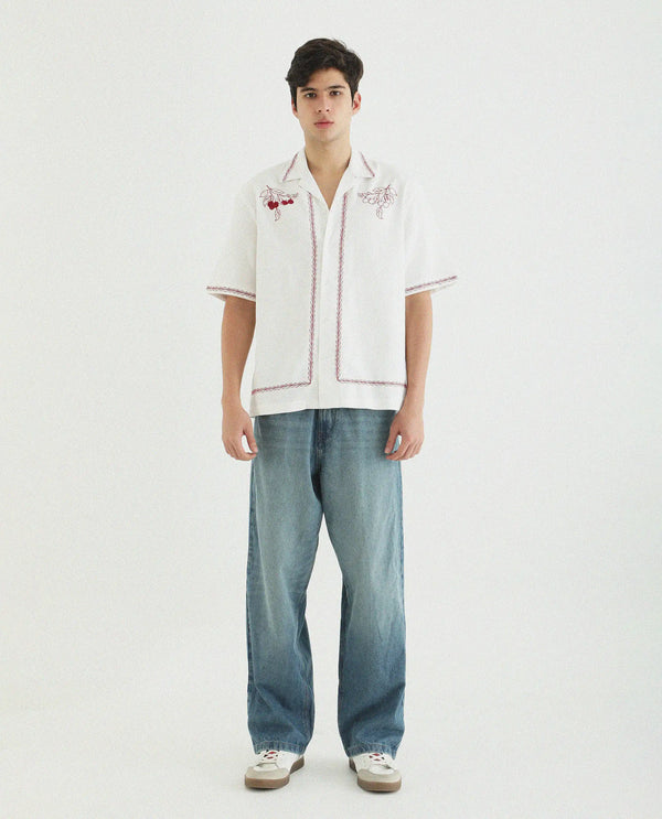Rare Rabbit Men Prunus Off White Cotton Fabric Boxy Fit Plain Shirt