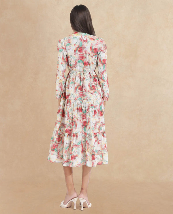 Rareism Women Puebla Multi Bishop Sleeve Collared Neck  Fit And Flare Midi Abstract Print Dress