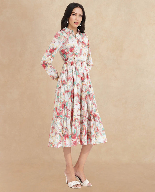 Rareism Women Puebla Multi Bishop Sleeve Collared Neck  Fit And Flare Midi Abstract Print Dress