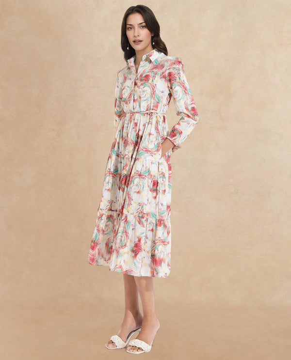 Rareism Women Puebla Multi Bishop Sleeve Collared Neck  Fit And Flare Midi Abstract Print Dress