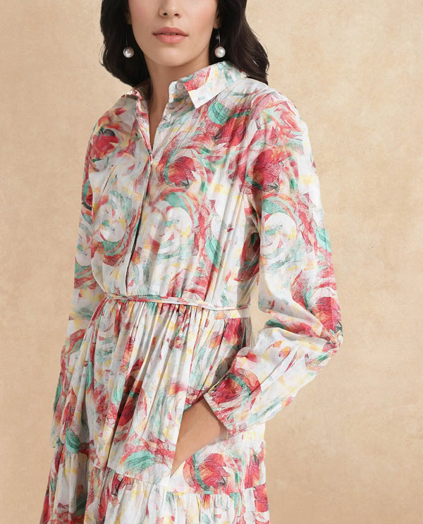 Rareism Women Puebla Multi Bishop Sleeve Collared Neck  Fit And Flare Midi Abstract Print Dress