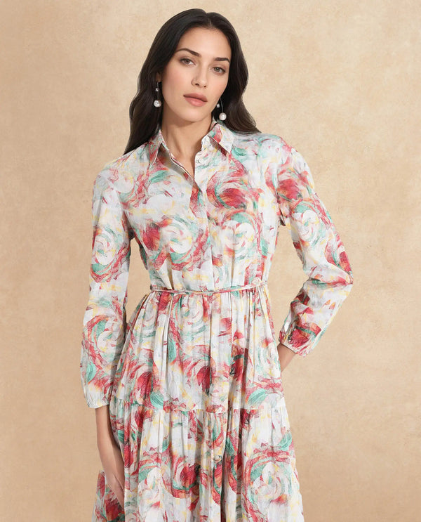 Rareism Women Puebla Multi Bishop Sleeve Collared Neck  Fit And Flare Midi Abstract Print Dress