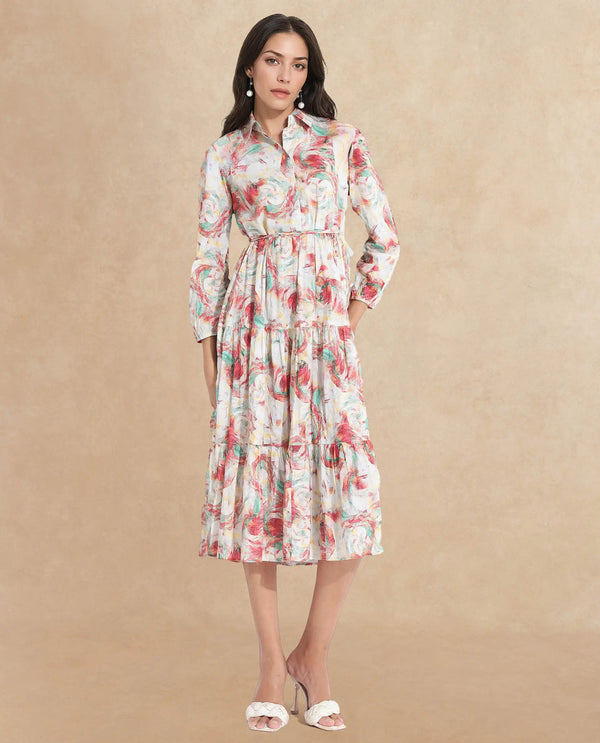 Rareism Women Puebla Multi Bishop Sleeve Collared Neck  Fit And Flare Midi Abstract Print Dress