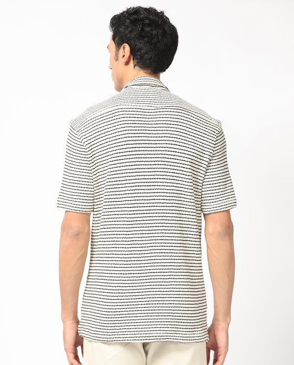 Rare Rabbit Men's Puller Off White Cotton Polyester Fabric Cuban Collar Half Sleeves Striped Shirt