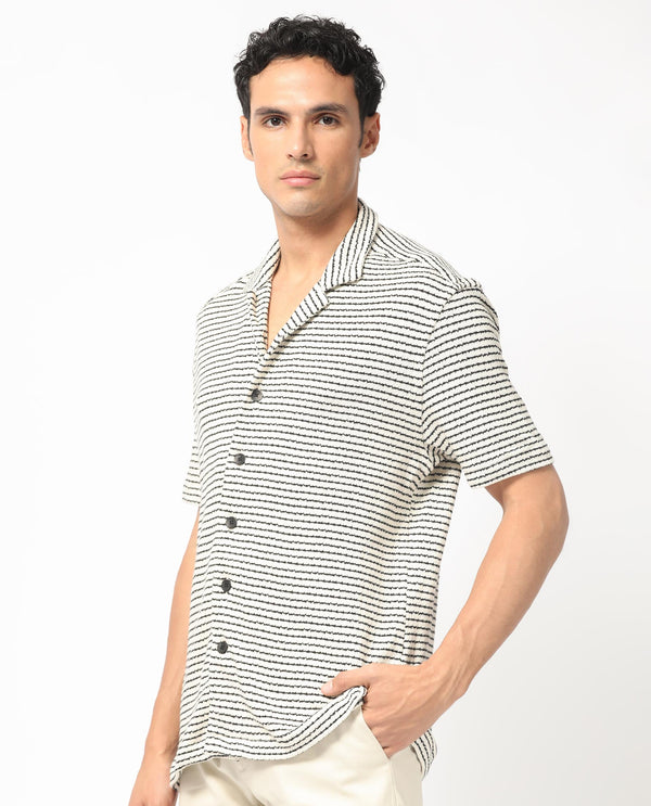 Rare Rabbit Men's Puller Off White Cotton Polyester Fabric Cuban Collar Half Sleeves Striped Shirt