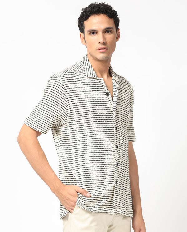 Rare Rabbit Men's Puller Off White Cotton Polyester Fabric Cuban Collar Half Sleeves Striped Shirt