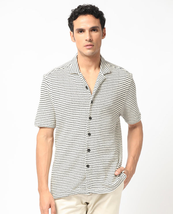 Rare Rabbit Men's Puller Off White Cotton Polyester Fabric Cuban Collar Half Sleeves Striped Shirt