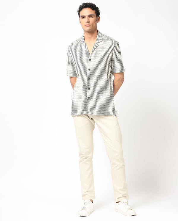 Rare Rabbit Men's Puller Off White Cotton Polyester Fabric Cuban Collar Half Sleeves Striped Shirt