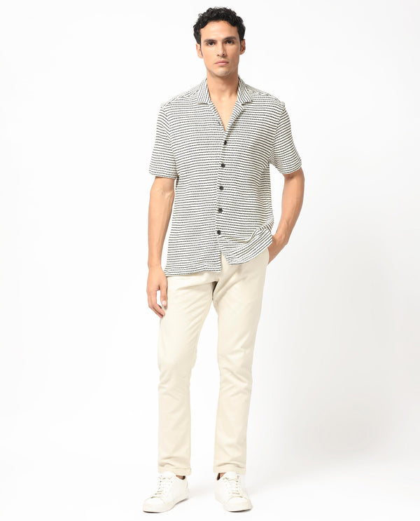 Rare Rabbit Men's Puller Off White Cotton Polyester Fabric Cuban Collar Half Sleeves Striped Shirt