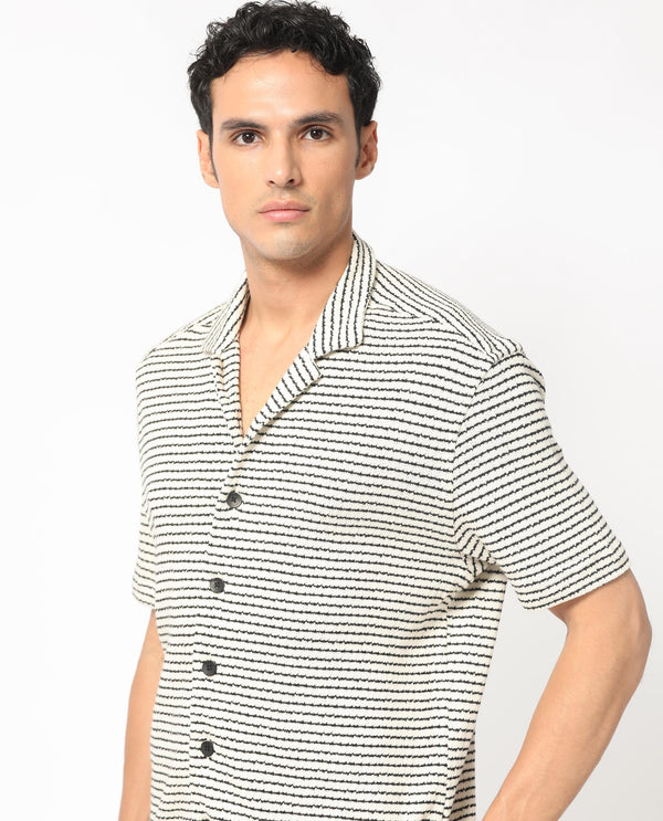 Rare Rabbit Men's Puller Off White Cotton Polyester Fabric Cuban Collar Half Sleeves Striped Shirt