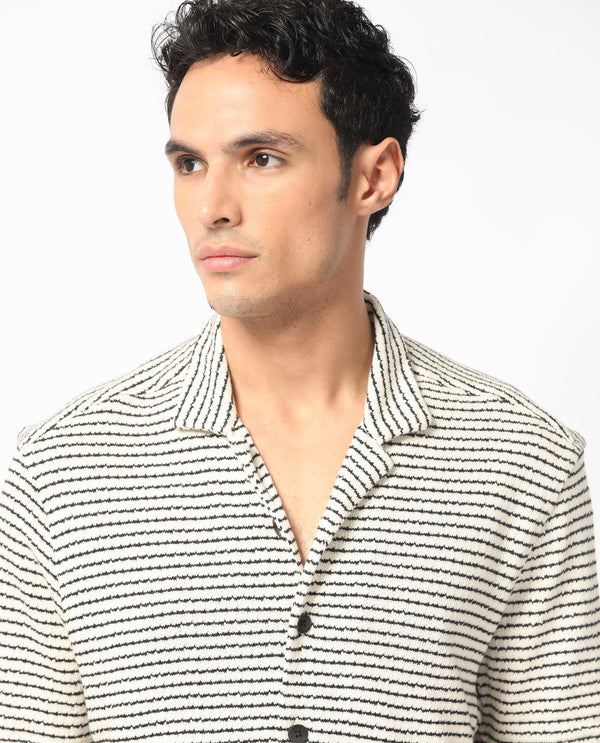 Rare Rabbit Men's Puller Off White Cotton Polyester Fabric Cuban Collar Half Sleeves Striped Shirt