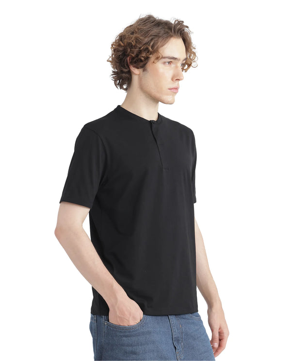 Rare Rabbit Men Purt Black Cotton Blend Fabric Short Sleeve Crew Neck Printed T-Shirt