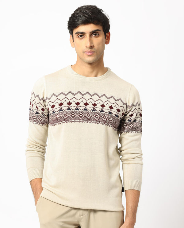 Rare Rabbit Mens Puzzle Off White Sweater Full Sleeve Crew Neck Solid