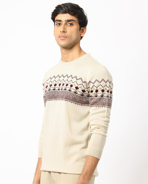 Rare Rabbit Mens Puzzle Off White Sweater Full Sleeve Crew Neck Solid