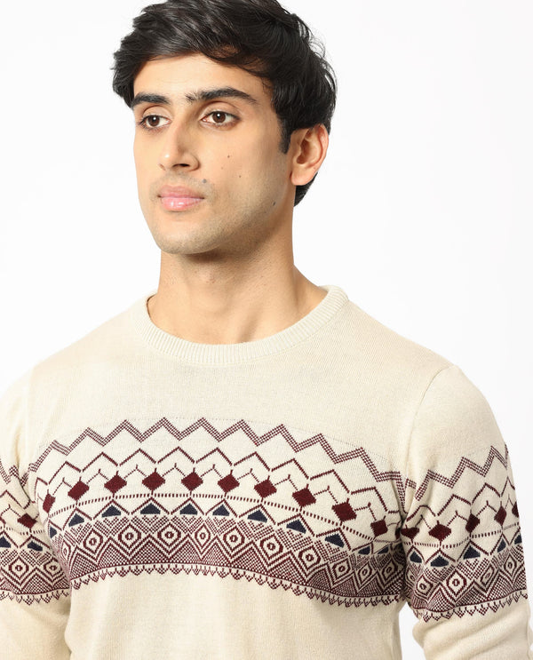 Rare Rabbit Mens Puzzle Off White Sweater Full Sleeve Crew Neck Solid