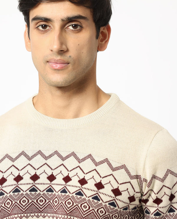 Rare Rabbit Mens Puzzle Off White Sweater Full Sleeve Crew Neck Solid