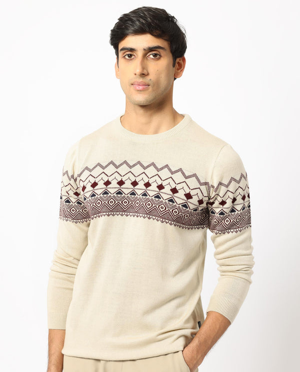 Rare Rabbit Mens Puzzle Off White Sweater Full Sleeve Crew Neck Solid