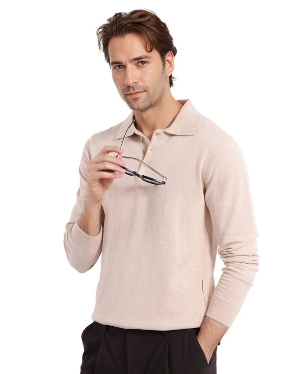 Rare Rabbit Men Pyer Off White Full Sleeve Spread Collar Button Closure Flat Knit Plain Polo
