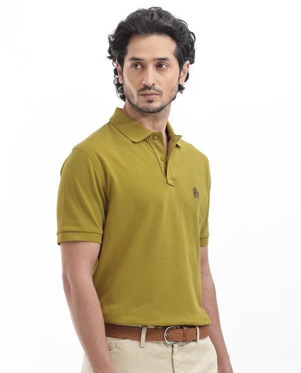 Rare Rabbit Mens Pareto Flouroscent Olive Cotton Short Sleeve Embroidered Logo Solid Polo T-Shirt