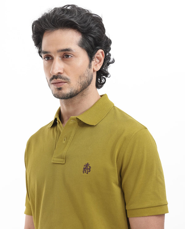 Rare Rabbit Mens Pareto Flouroscent Olive Cotton Short Sleeve Embroidered Logo Solid Polo T-Shirt