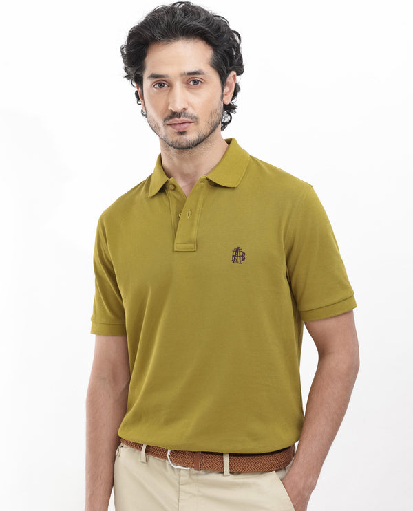 Rare Rabbit Mens Pareto Flouroscent Olive Cotton Short Sleeve Embroidered Logo Solid Polo T-Shirt