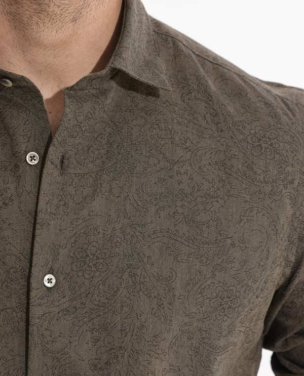 Rare Rabbit Men's Platim Green Paisley Print Herringbone Full Sleeves Shirt