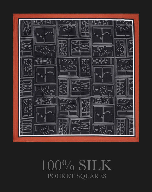Rare Rabbit Men's Noaa Black Silk Fabric Monogram Print Pocket Square