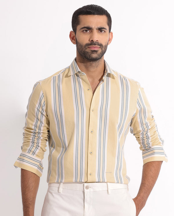 Rare Rabbit Men's Purit Dusky Yellow Cotton Fabric Full Sleeves Striped Shirt