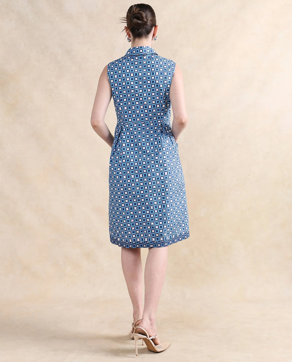Rareism Women's Qban Multi Cotton Fabric Drop Collar Button Closure Sleeveless Geometric Print A-Line Knee Length Dress