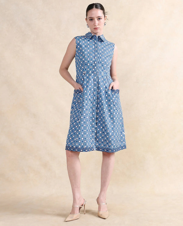 Rareism Women's Qban Multi Cotton Fabric Drop Collar Button Closure Sleeveless Geometric Print A-Line Knee Length Dress