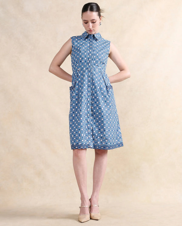 Rareism Women's Qban Multi Cotton Fabric Drop Collar Button Closure Sleeveless Geometric Print A-Line Knee Length Dress