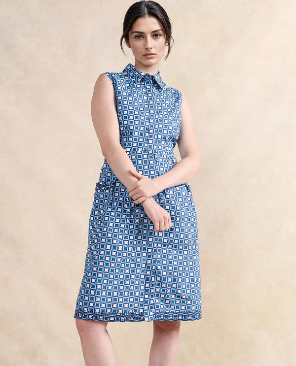 Rareism Women's Qban Multi Cotton Fabric Drop Collar Button Closure Sleeveless Geometric Print A-Line Knee Length Dress