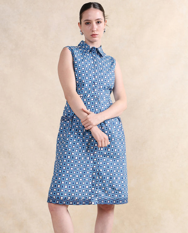 Rareism Women's Qban Multi Cotton Fabric Drop Collar Button Closure Sleeveless Geometric Print A-Line Knee Length Dress