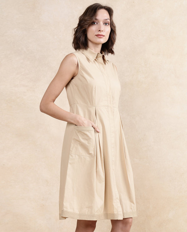 Rareism Women Qba Light Sand Cotton Fabric Sleeveless Collared Neck Button Closure A-Line Midi Plain Dress