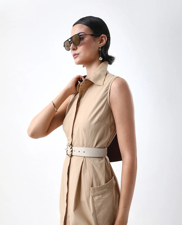 Rareism Women Qba Light Sand Cotton Fabric Sleeveless Collared Neck Button Closure A-Line Midi Plain Dress