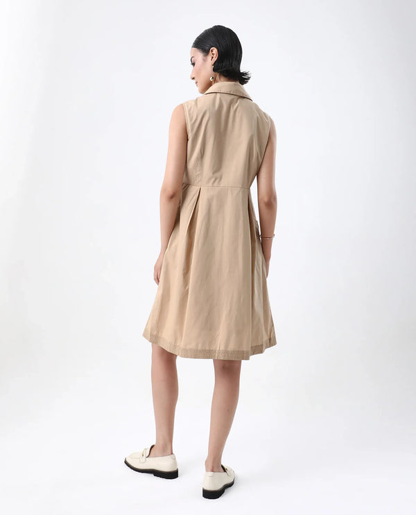 Rareism Women Qba Light Sand Cotton Fabric Sleeveless Collared Neck Button Closure A-Line Midi Plain Dress