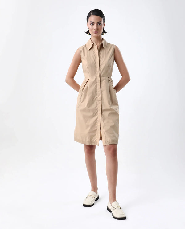 Rareism Women Qba Light Sand Cotton Fabric Sleeveless Collared Neck Button Closure A-Line Midi Plain Dress