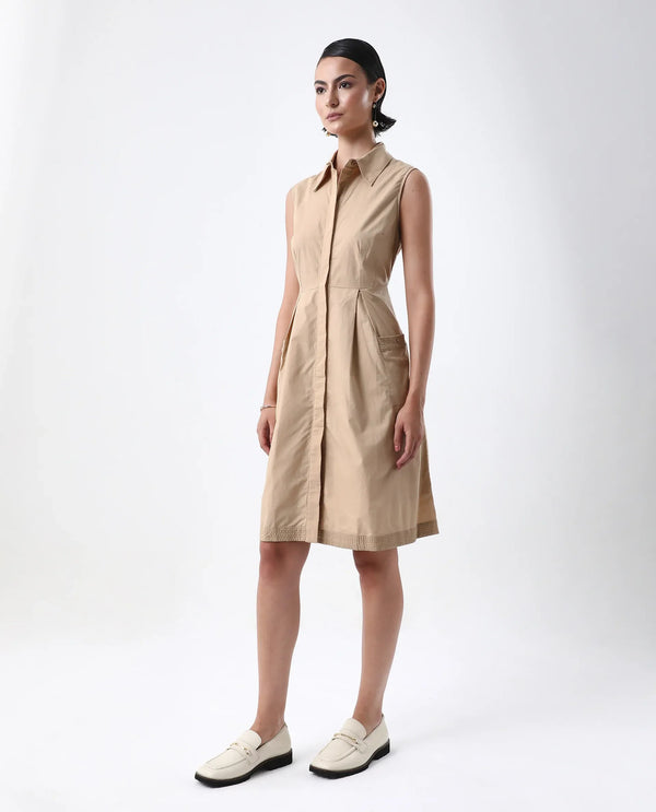 Rareism Women Qba Light Sand Cotton Fabric Sleeveless Collared Neck Button Closure A-Line Midi Plain Dress