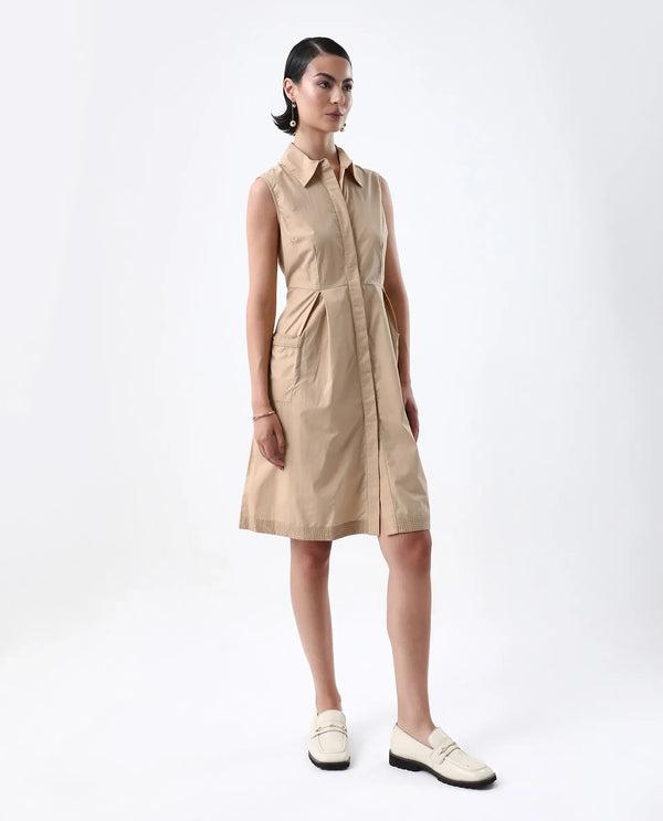 Rareism Women Qba Light Sand Cotton Fabric Sleeveless Collared Neck Button Closure A-Line Midi Plain Dress