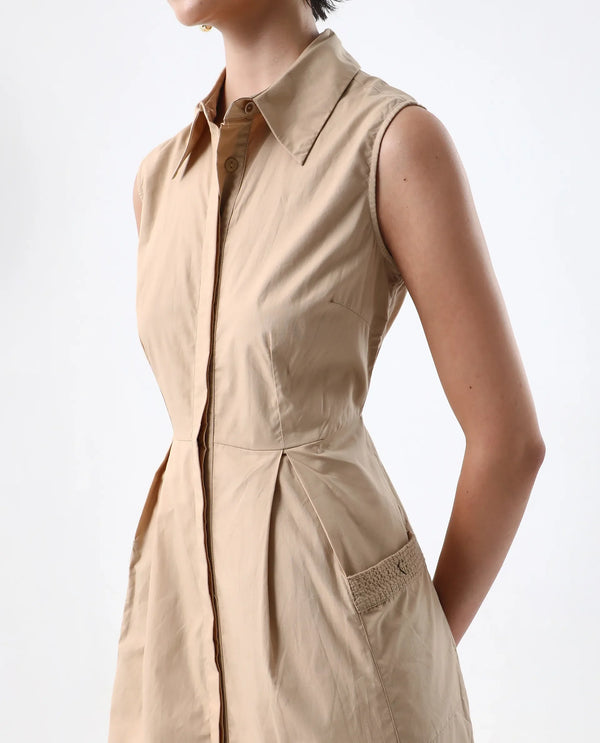 Rareism Women Qba Light Sand Cotton Fabric Sleeveless Collared Neck Button Closure A-Line Midi Plain Dress