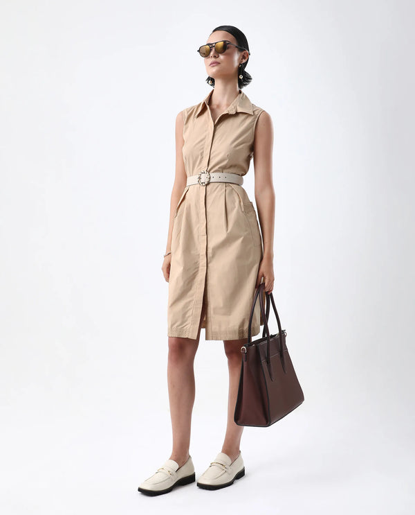 Rareism Women Qba Light Sand Cotton Fabric Sleeveless Collared Neck Button Closure A-Line Midi Plain Dress