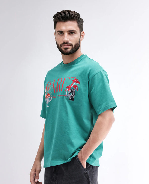 Rare Rabbit Men Qena Green Cotton Fabric Short Sleeve Slip-On Oversized Fit Graphic Printed T-Shirt