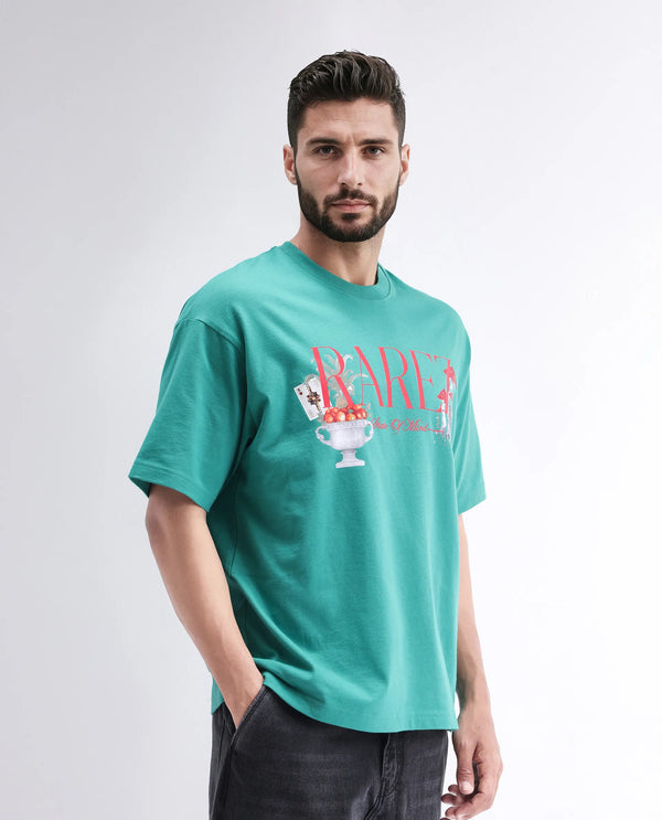 Rare Rabbit Men Qena Green Cotton Fabric Short Sleeve Slip-On Oversized Fit Graphic Printed T-Shirt