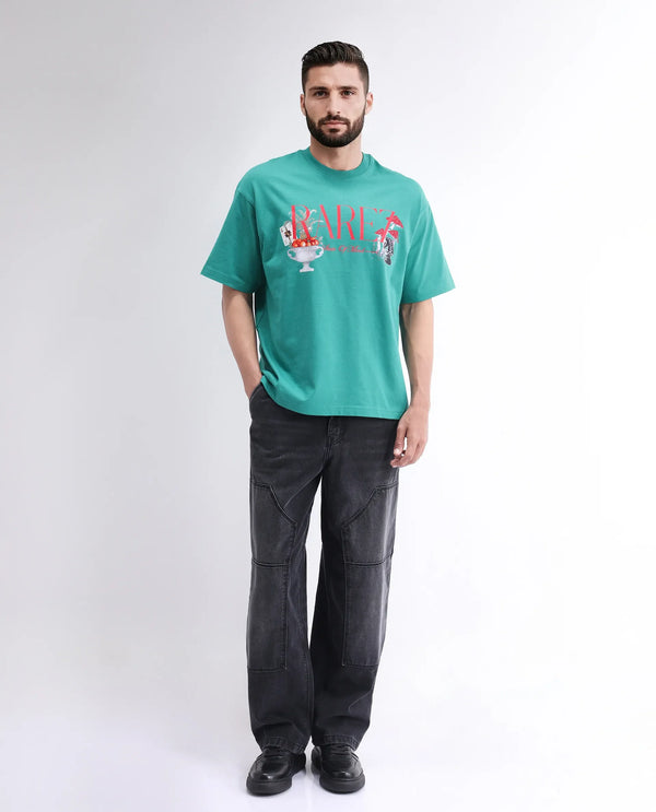 Rare Rabbit Men Qena Green Cotton Fabric Short Sleeve Slip-On Oversized Fit Graphic Printed T-Shirt