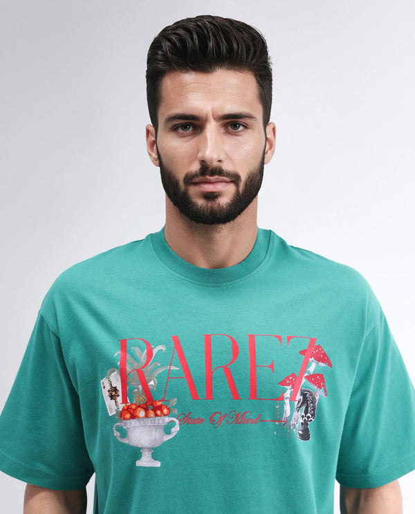 Rare Rabbit Men Qena Green Cotton Fabric Short Sleeve Slip-On Oversized Fit Graphic Printed T-Shirt