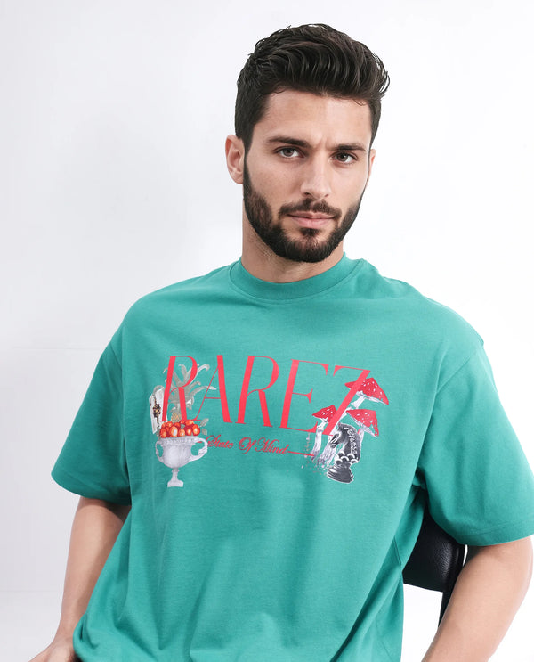 Rare Rabbit Men Qena Green Cotton Fabric Short Sleeve Slip-On Oversized Fit Graphic Printed T-Shirt